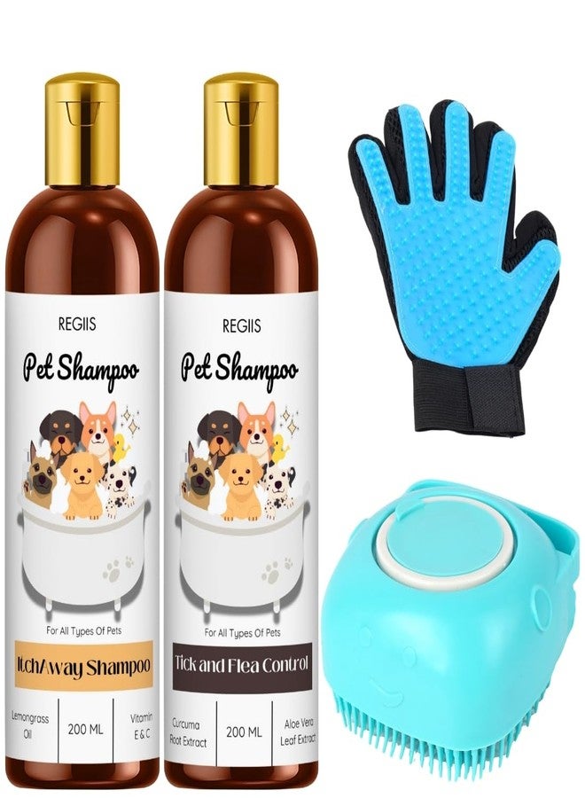 REGIIS Pet Grooming Kit with Dog Shampoo, Bath Brush and Massage Glove, Pack of 4 - Image 1
